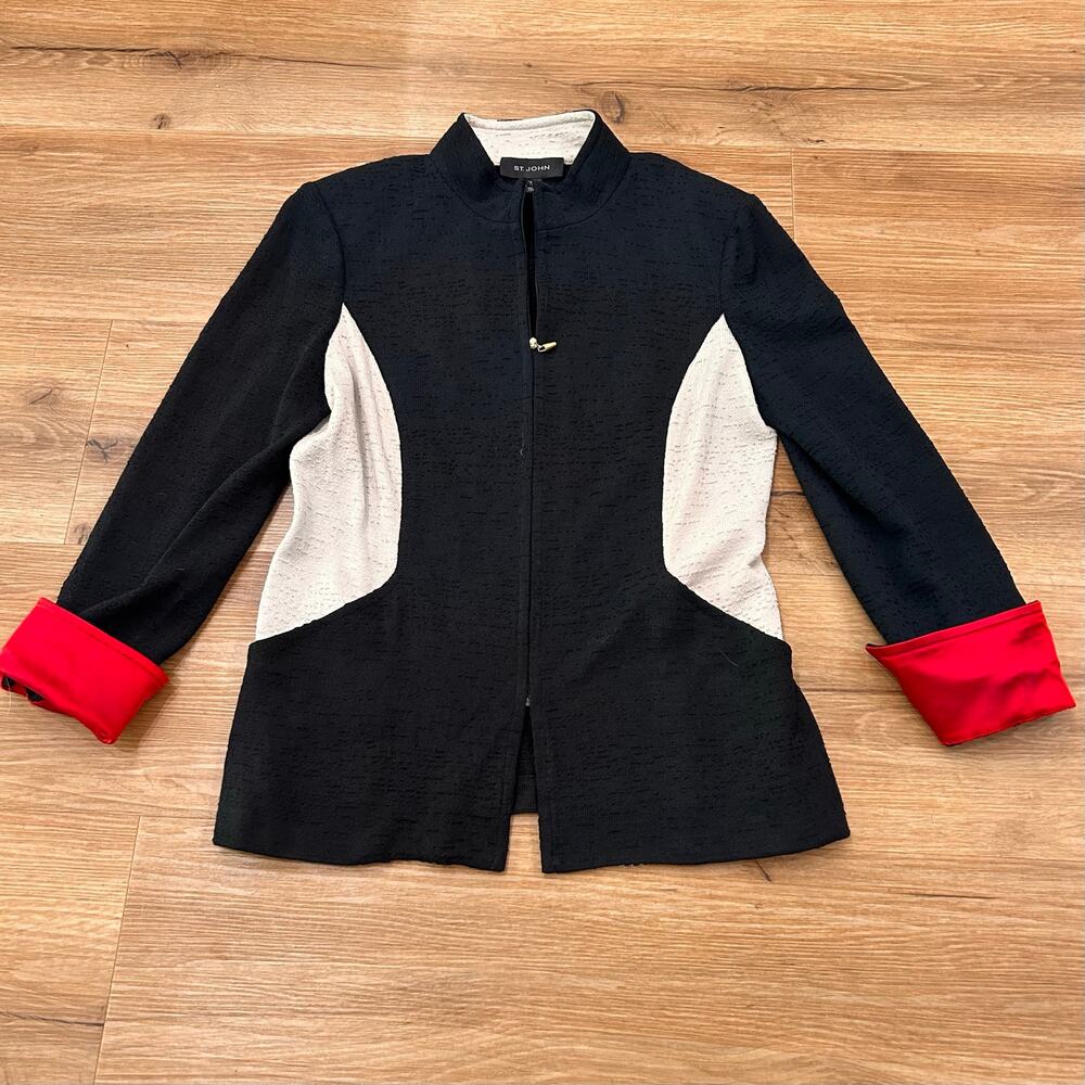 St. John Sport Knit Jacket Sz 10 Black Zip Front Wool Blend USA Pockets -